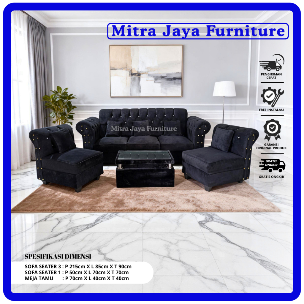 SOFA 311 BELUDRU/SOFA MINIMALIS KANCING/SOFA RUANG TAMU/ SOFA 311 HITAM