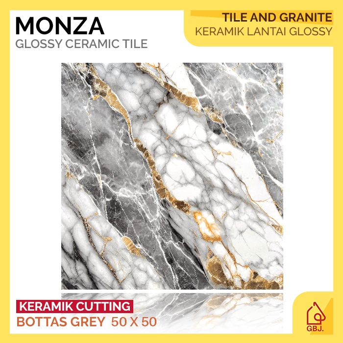KERAMIK MONZA 50 X 50 BOTTAS GREY GLOSSY CUTTING / KERAMIK LANTAI MOTIF MARMER GLOSSY