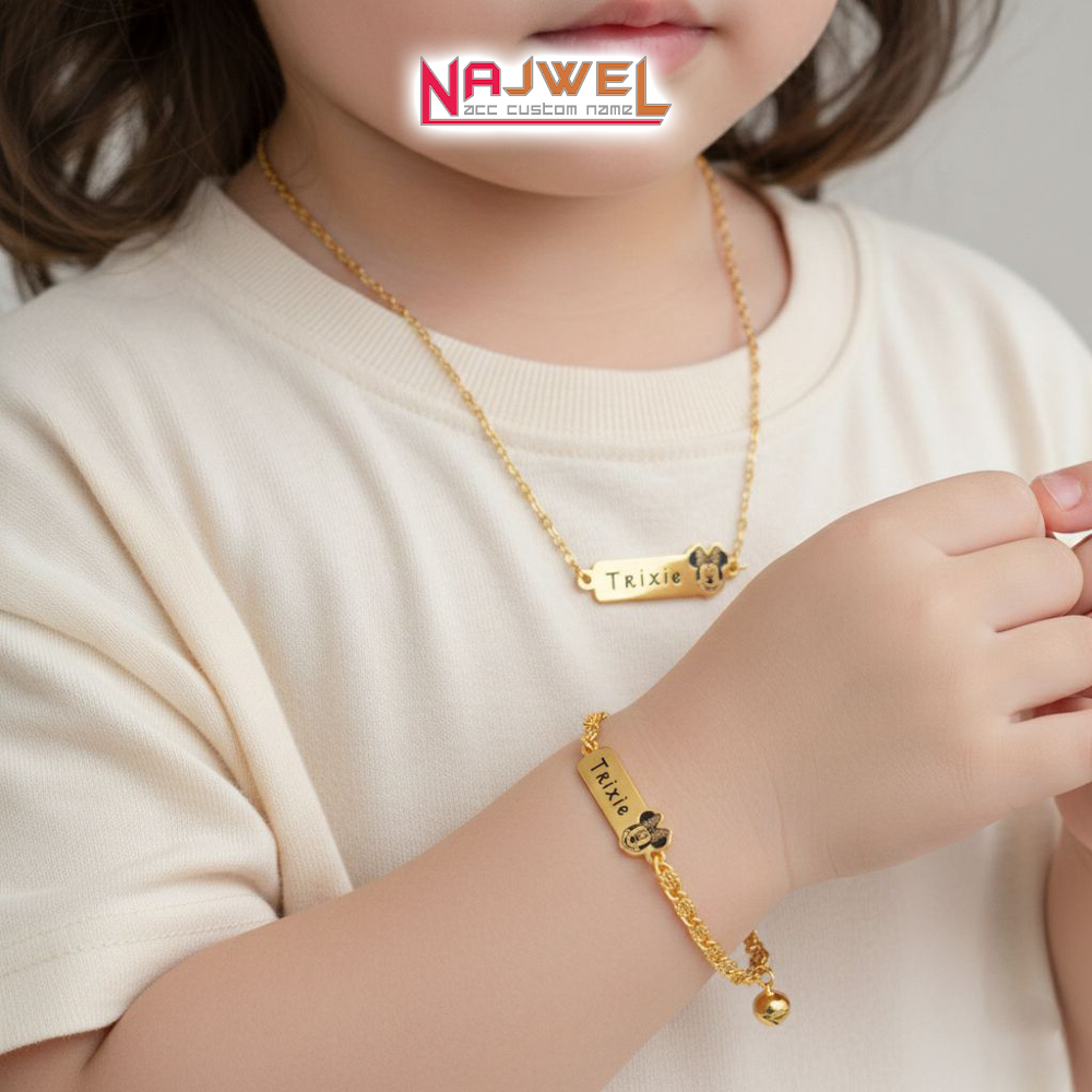 Kalong Gelang 1 Set Custom Nama Anak Karakter Minney Rantai Mawar Titanium Anti Karat Trixie Bundle