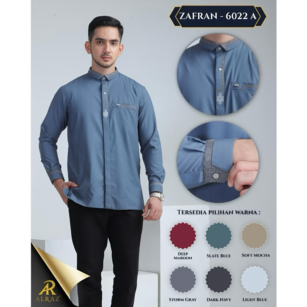 ALRAZ Baju Koko Dewasa Cotton Premium Lengan Panjang Manset Busana Muslim Pria Kemko Bordir Koko Alr