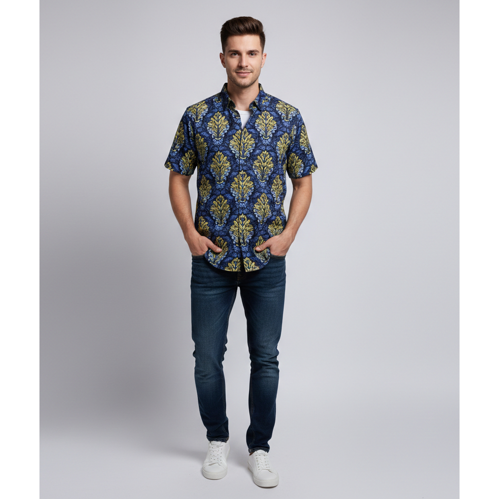 Kemeja Biru Motif Etnik Batik Pria D.BRITANO Lengan Pendek Hitam Motif Abstrak Bahan Katun KDB 07