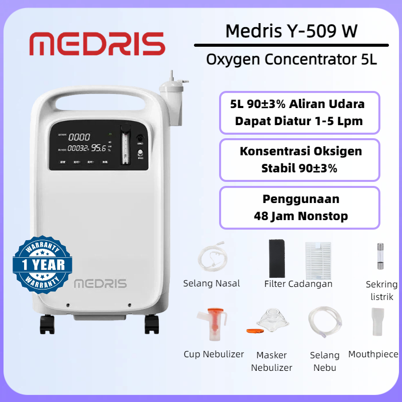 MEDRIS Oxygen Concentrator 3in1 New Version Y-509W 5 Liter + Nebulizer + Filter Oksigen Konsentrator