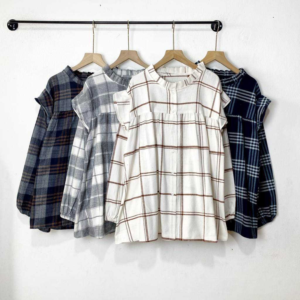 Steffi Blouse LD 110 Kemeja Flanel Kotak-Kotak Atasan Wanita Ruffle