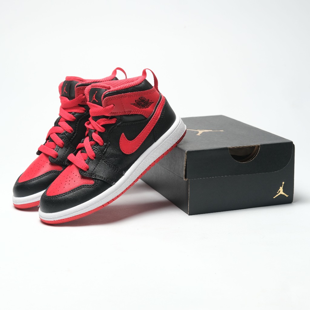 SEPATU AIR JORDAN 1 MID KIDS - BRED TOE