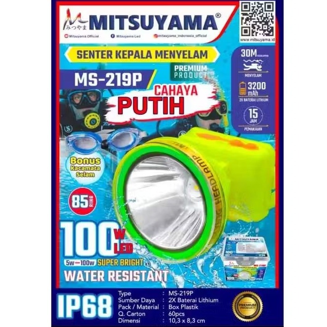 Senter Kepala Selam 100 watt MS 219P Putih Mitsuyama/Head Lamp Diving/Senter Selam