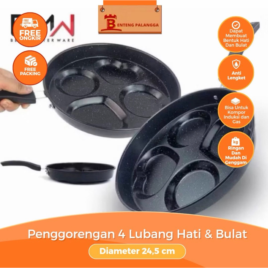 Panci Wajan Penggorengan Hati dan Bulat Telur Pancake 4 Lubang Nonstick/ Wajan Teflon Telur Anti Len