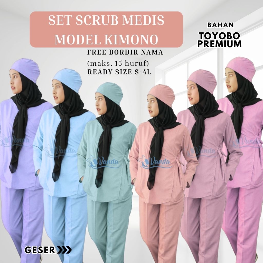 Baju Jaga Set Kimono Scrub Medis Toyobo Premium Pastel Series Kerah V Lengan Panjang FREE Bordir Nam