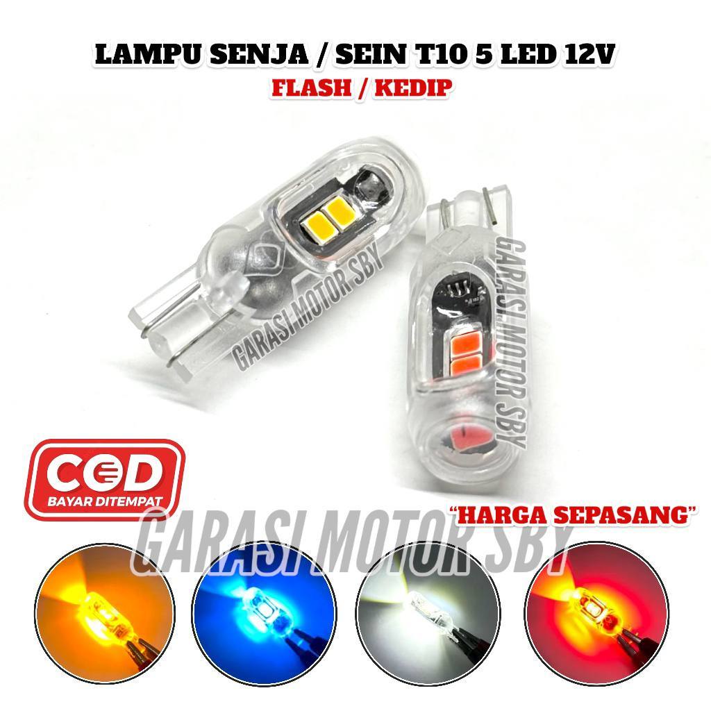 Lampu LED Senja T10 12-24Volt Nyala Kedip Super Terang 5LED Transparan 2 Biji