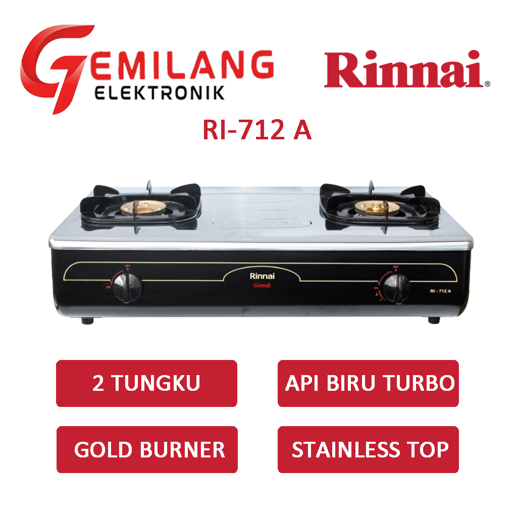 KOMPOR RINNAI RI-712A KOMPOR 2 TUNGKU PEMBAKARAN KUNINGAN API TURBO
