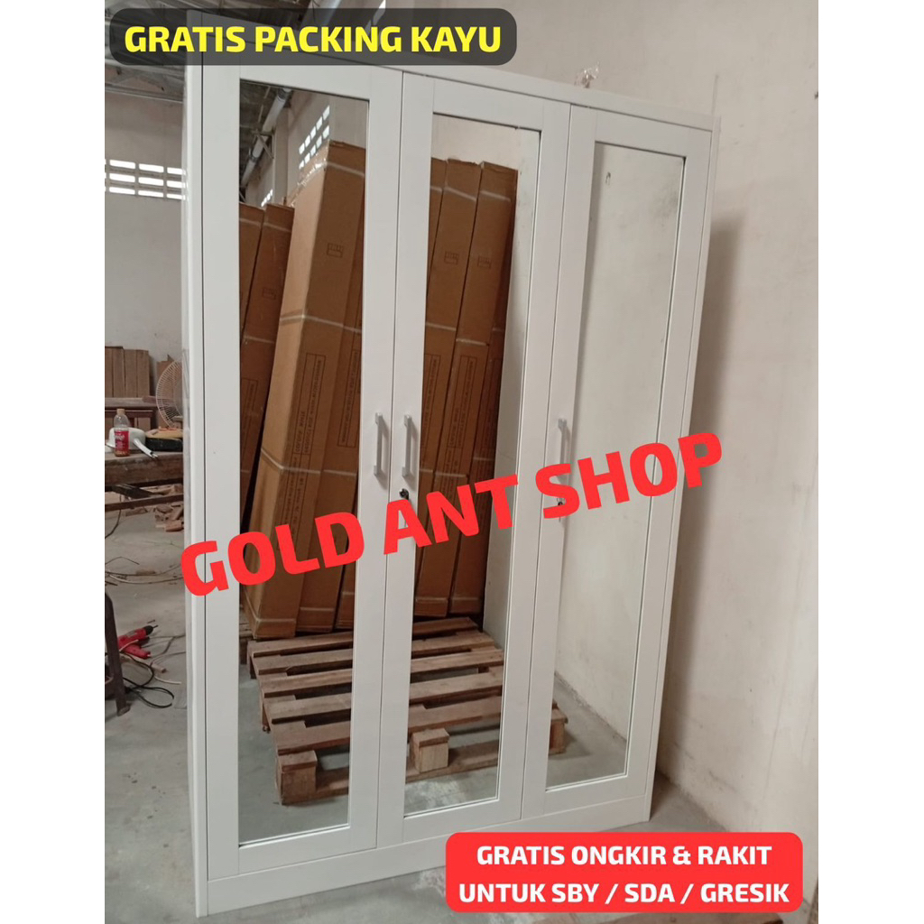 Lemari Pakaian Baju Besi 3 Pintu 120 Swing Full Kaca / Lemari Besi 3 Pintu Kaca / Lemari Besi Swing 