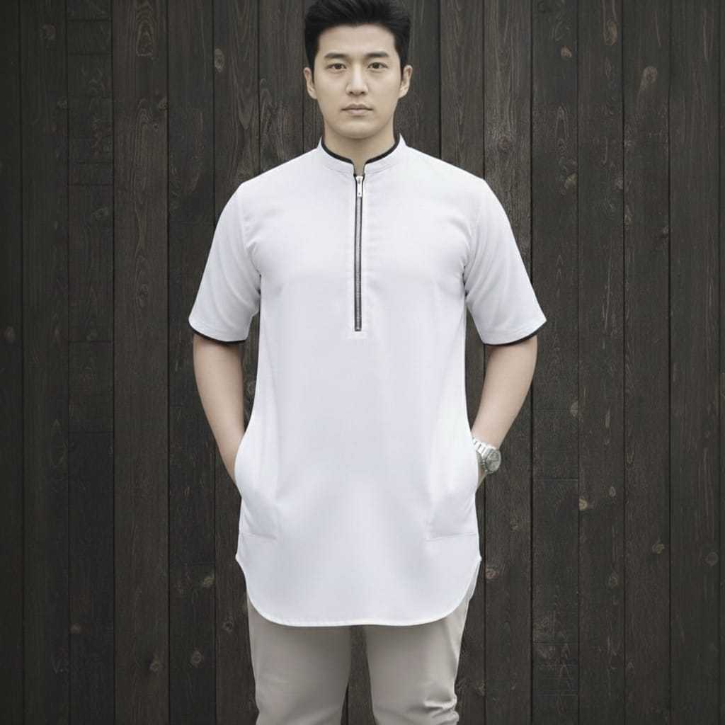 baju koko lebaran 2026 bahan katun toyobo resleting depan simple