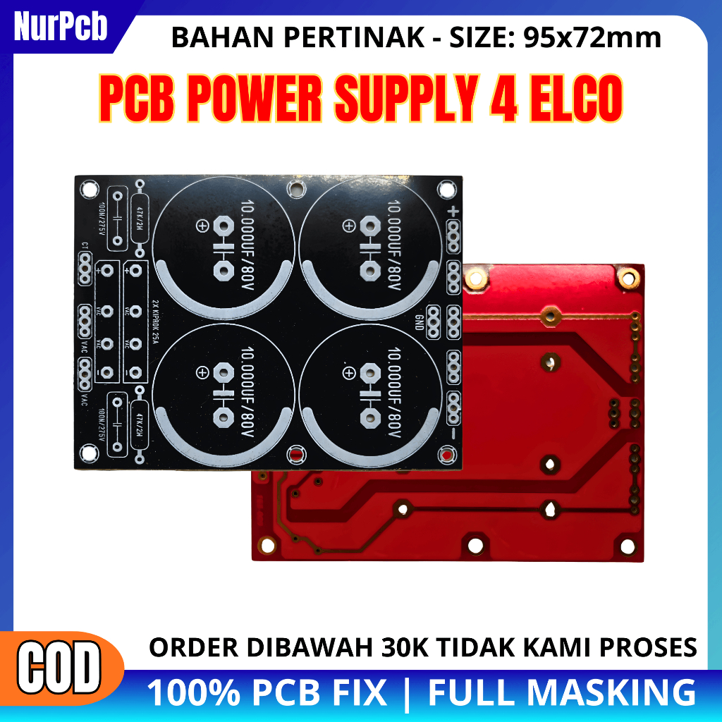 NUR PCB - PCB PSU 4 Elco Kapasitor Bank 10.000uF 80-100V Fullmasking Untuk Power Amplifier 32-65VAC