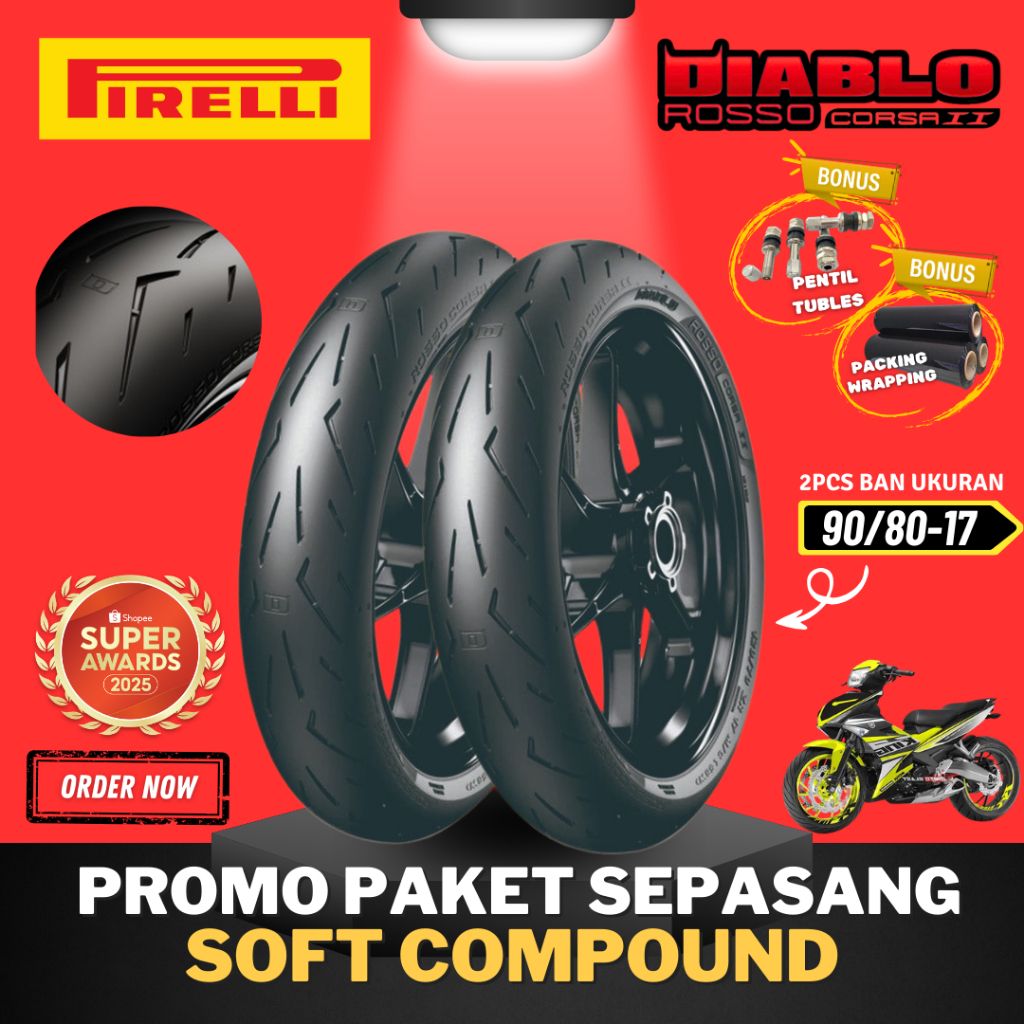 [PAKET SEPASANG 2 BAN] BAN PIRELLI DIABLO ROSSO CORSA 2 ( 90/80-17 ) SOFT COMPOUND RING 17 / BAN BAL