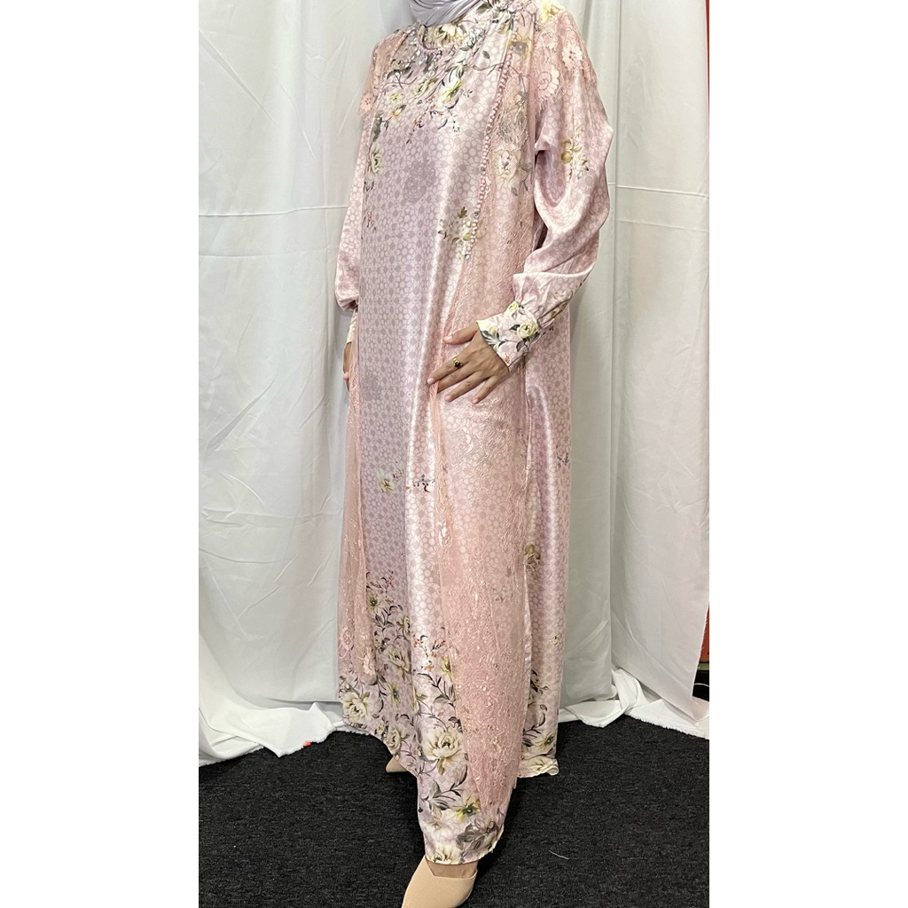 Gamis Lebaran Silk Motif Bunga | Kombinasi Payet