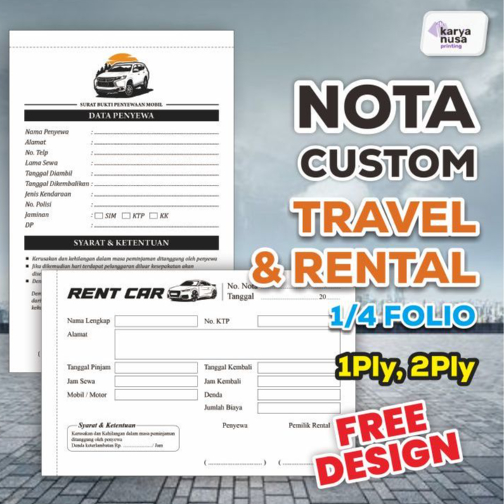 Nota Custom Travel & Rental Ukuran 1/4 isi 50 Lembar NCR HVS Kwitansi Sewa Mobil / Travel Hiace Elf 