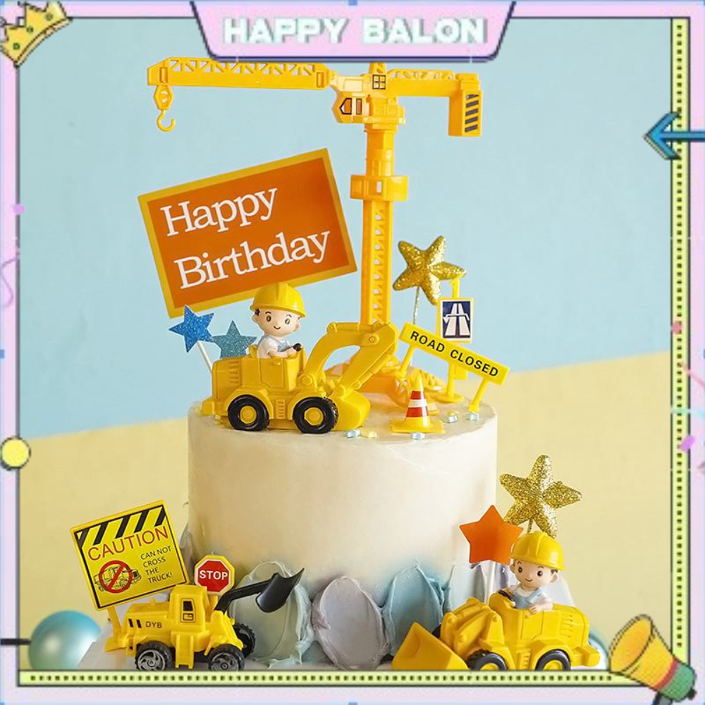 Cake Topper Bertema Mobil Kendaraan Konstruksi Excavator Dekorasi Cupcake Kue untuk Pesta Ulang Tahu