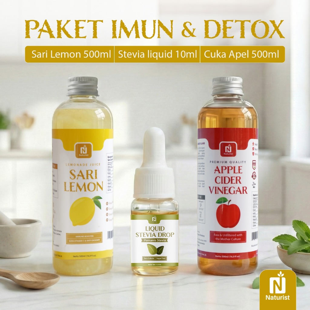 NATURIST Paket Imun & Detox 3in1 Sri Lemon 500ml + Cuka Apel 500ml + Stevia Liquid 10 ml Diet Sehat