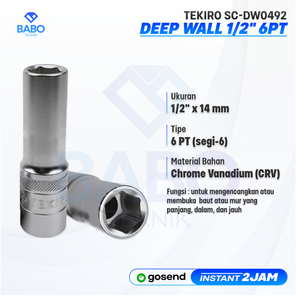 TEKIRO Mata Sok 14 mm Panjang Deep wall Socket 1/2” 6 PT Mata Kunci Shock 14 mm Mata Sock Panjang 14