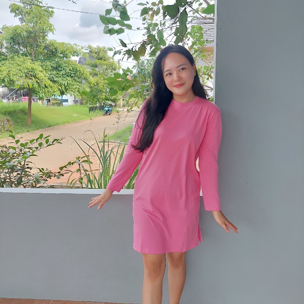 Dress Lengan Panjang Katun  / Kaos Daster Salur Polos / Cotton Combad