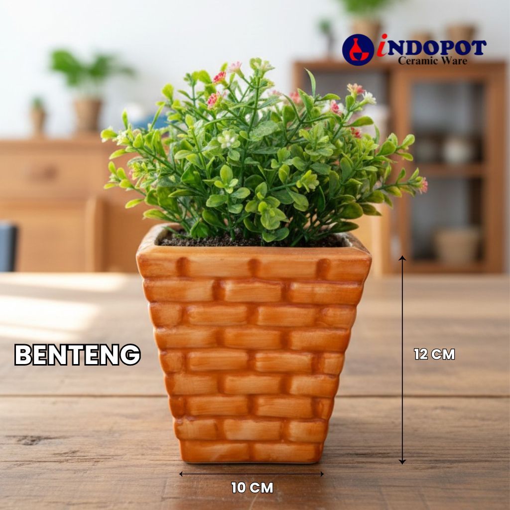 INDOPOT | Pot Keramik Kotak model Benteng - Pot Bunga Glossy 12cm dekorasi ruangan - Pot Kotak