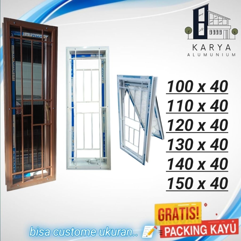 jendela aluminium lengkap teralis ukuran bervariasi bisa custom ukuran lengkap asesoris free packing