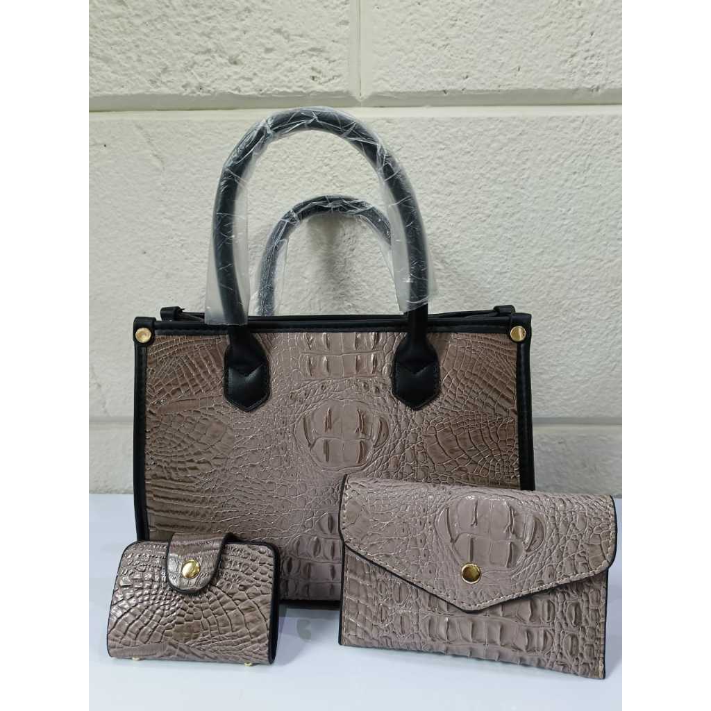 Tas Wanita Set 3in1 Motif Kulit Buaya – Handbag + Dompet Panjang + Dompet Kartu