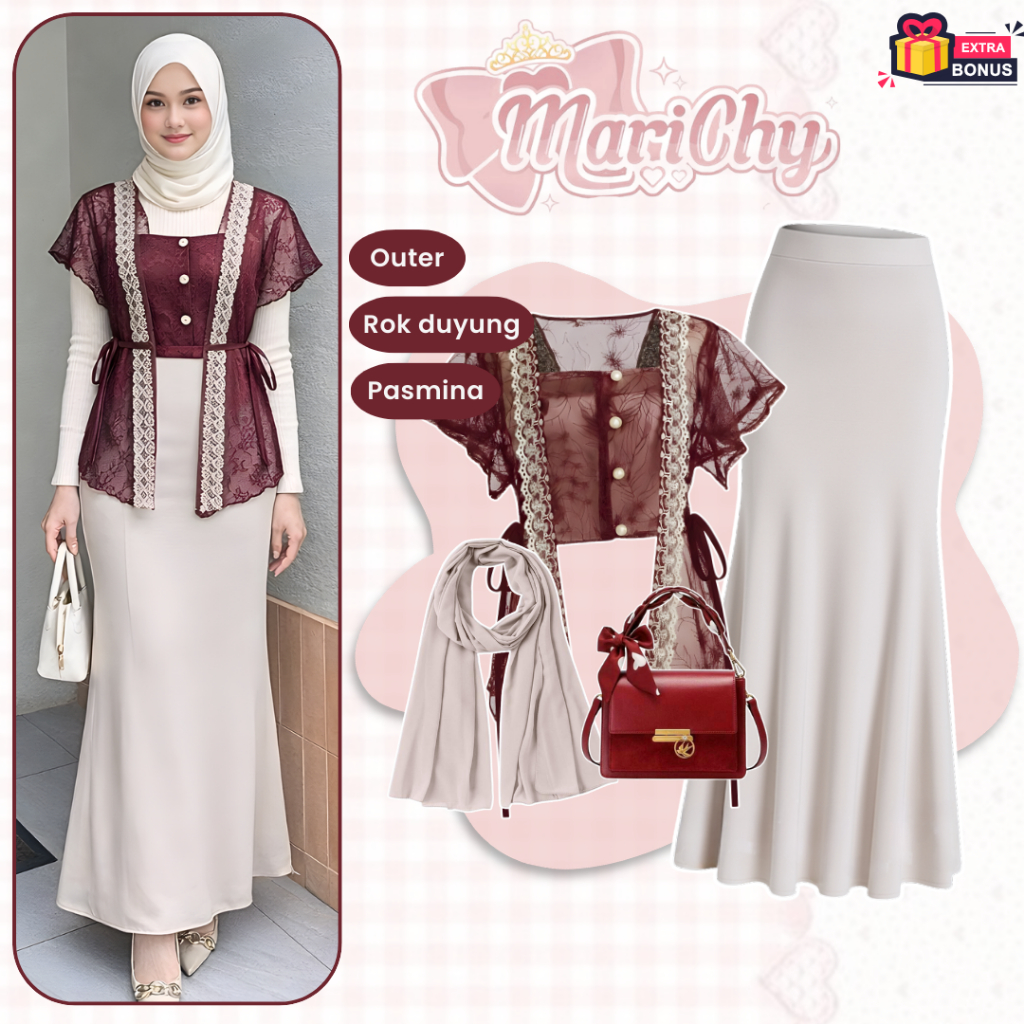 Oneset One set 3in1 setelan wanita outer brukat bruklat brokat tile zora rok duyung mermiad flare sk