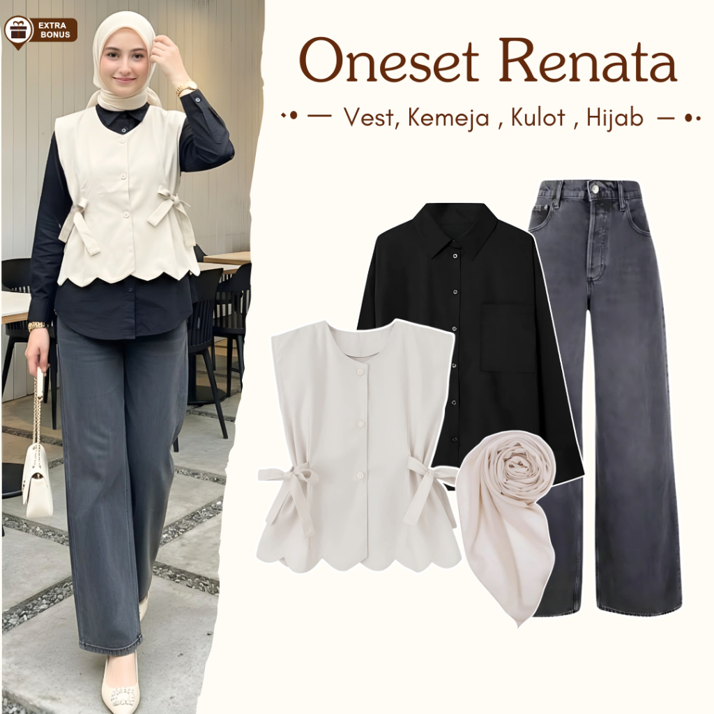Oneset One set 4in1 setelan wanita kemeja basic polos rayon vest rompi outer cherish celana kulot je