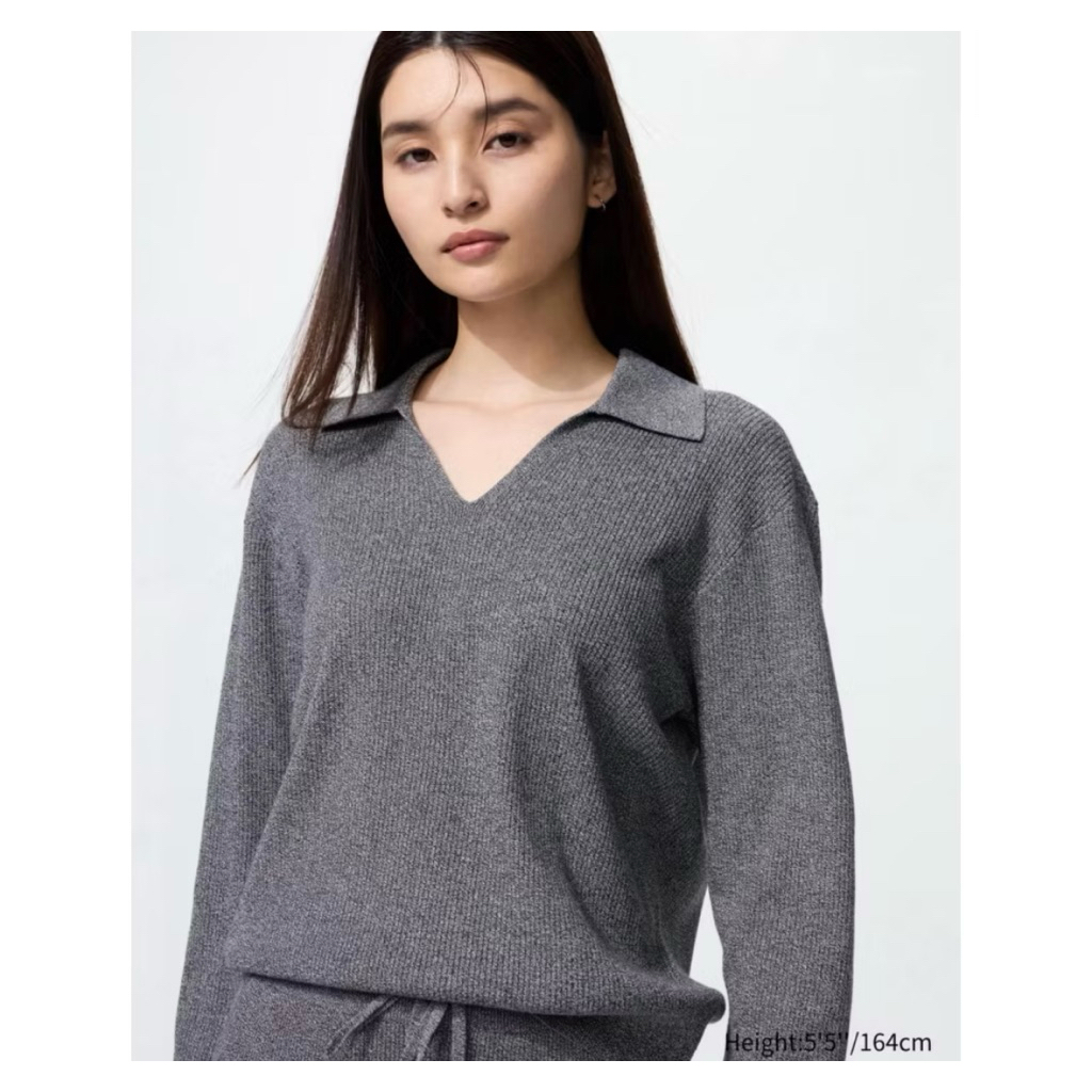 (NEW) - size XL - ld 100-120cm Uniqlo women sweater lengan panjang polo rib rajut brown dark grey ab