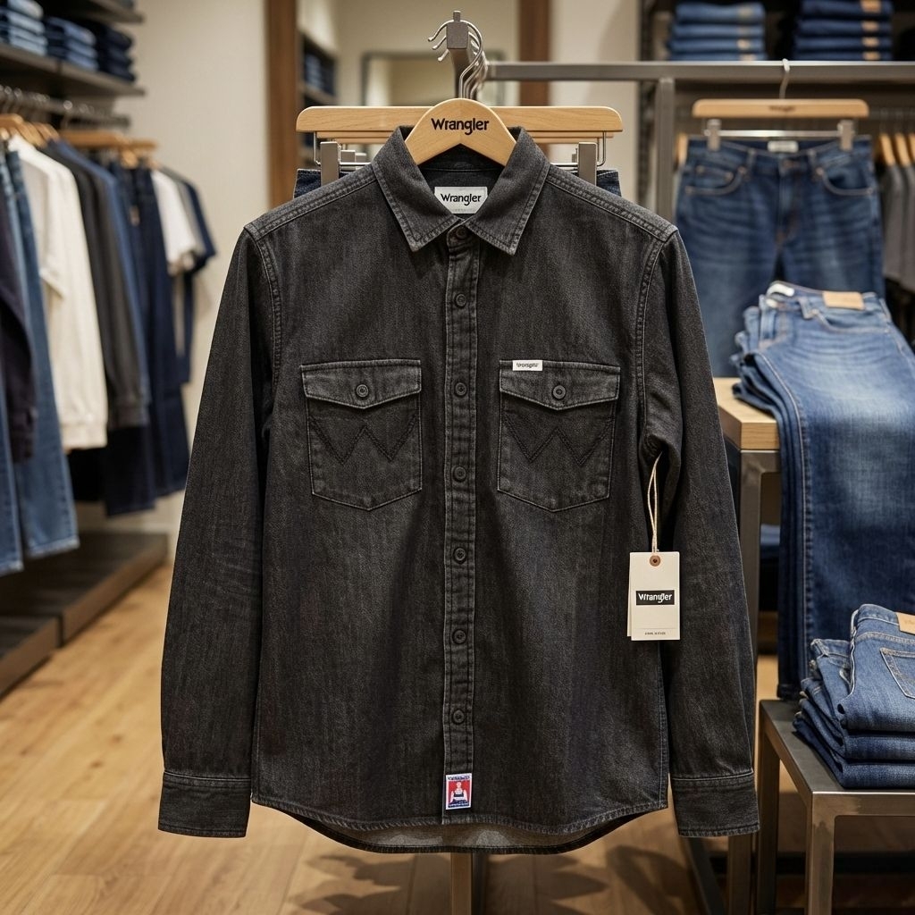 Wrangler Kemeja Denim Pria Lengan Panjang Black Wash Original - Kemeja Jeans Hitam Cowok Western Sty