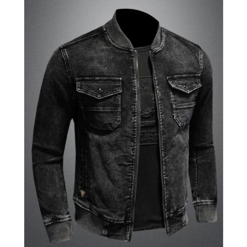 Jaket jeans pria boomber rip hitam full simple resleting atasan pria casual