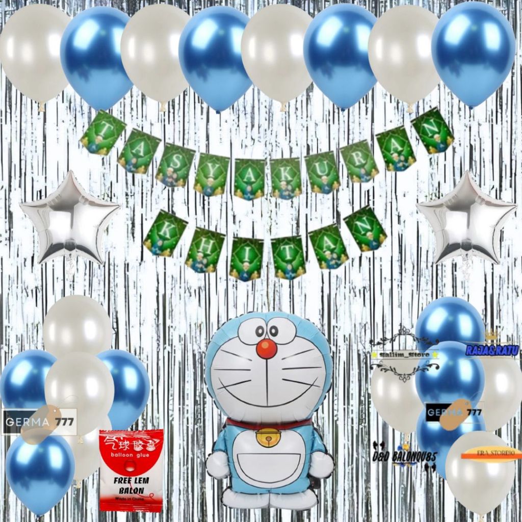 Set Dekorasi Tasyakuran Khitan Anak / Dekor Ultah Acara Khitanan Balon Doraemon Tirai Silver