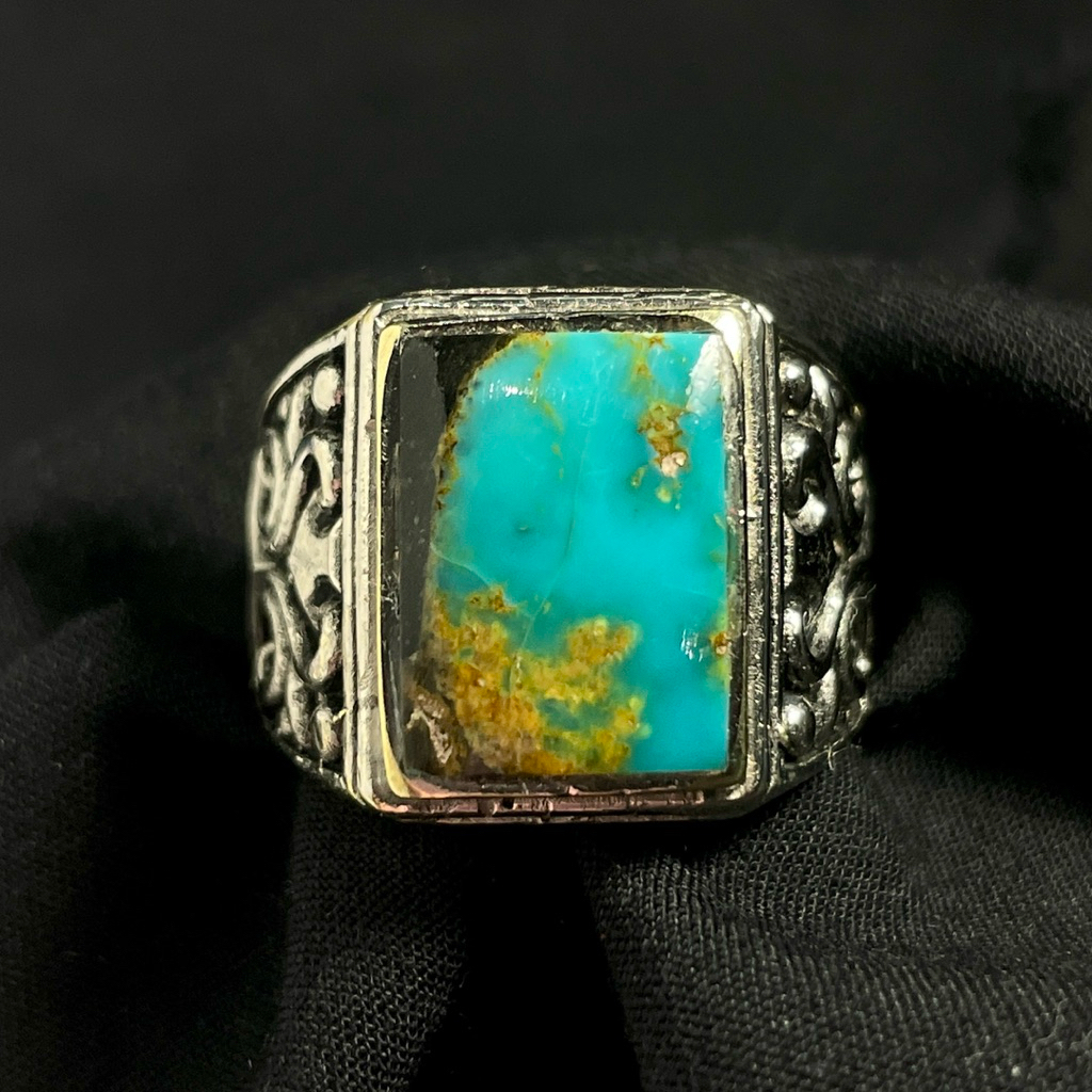 Cincin Pirus Persi Natural Asli Model Kotak Serat Emas Est 13x10x5 mm Ring Alpaka Size 19 Biru Tosca