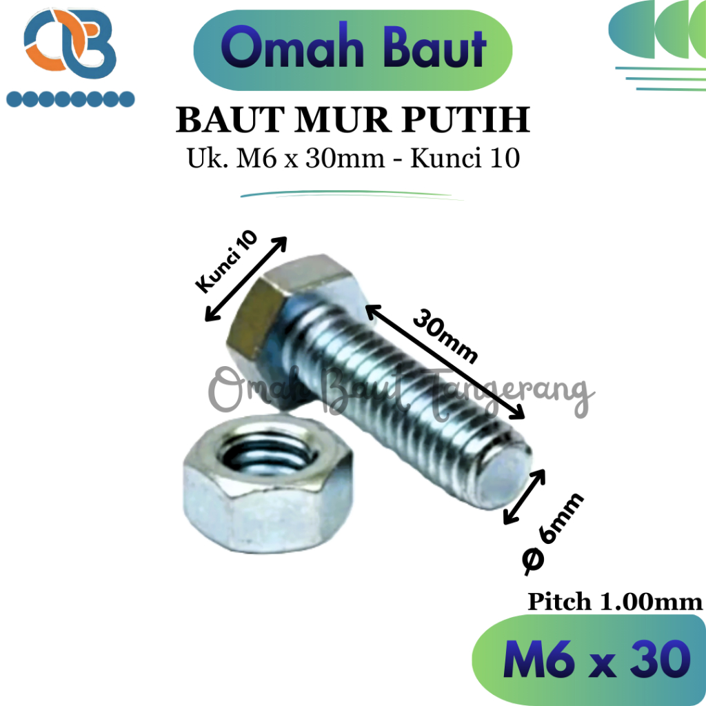 M6x30 Baut Mur M6 X 30 BMP Galvanis Putih Kunci 10