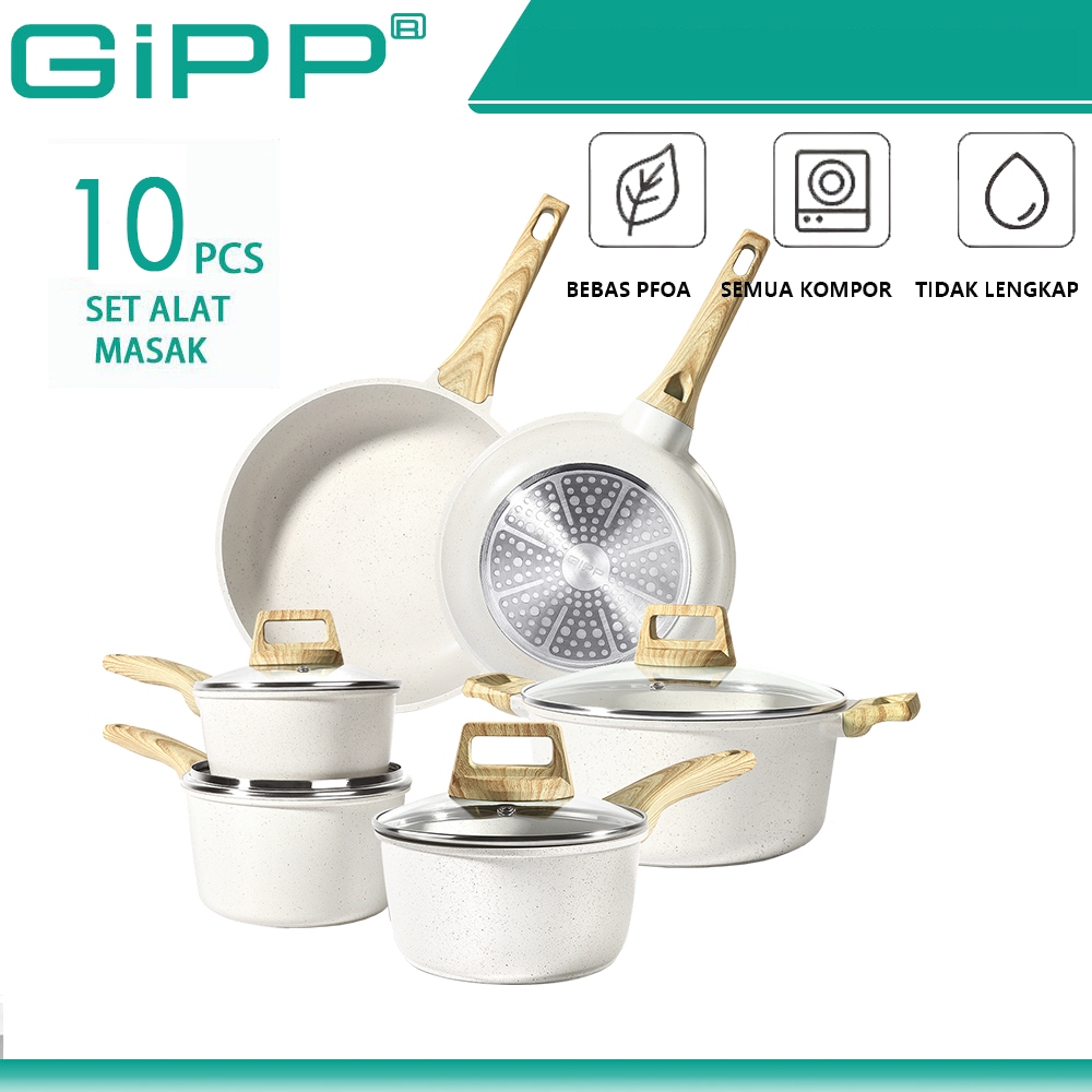 GiPP Peralatan Masak Set 10 PCS Dengan Gagang Lepas Pasang Memudahkan Penyimpanan Pelapis keramik Co
