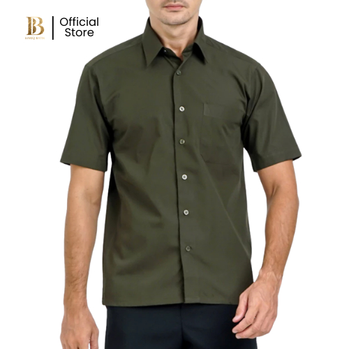 Bariq Batik - Kemeja Pria Hijau Army Lengan Pendek Polos