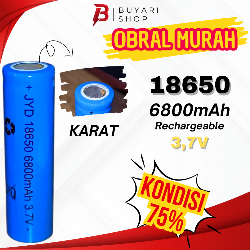 18650 FlatTop Biru 6800mAh Reject Kondisi 75% Batre Kipas Angin Portabel Senter PowerBank