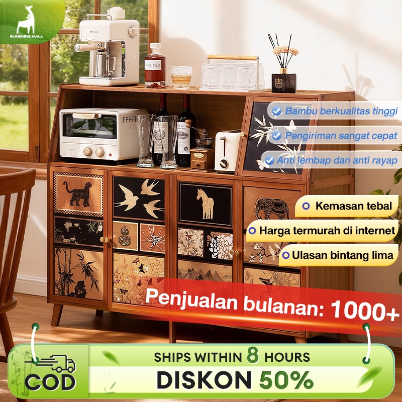 Sunshine Lemari Dapur Bambu Kabinet Dapur Rak Dapur Tertutup Lemari Piring Hiasan Motif