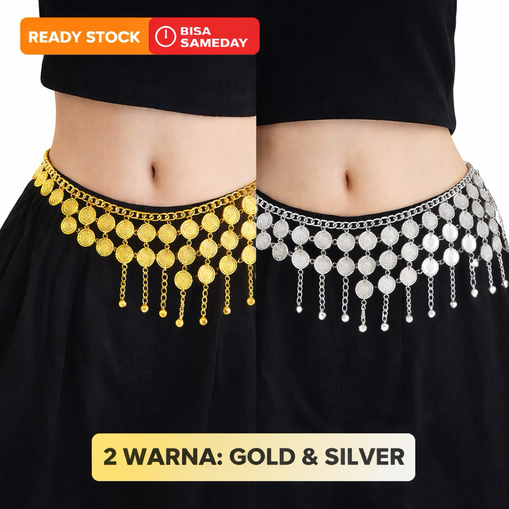 Ikat Pinggang Rantai Waist Belt Coin Chain Indian Bohemian Belly Dance Line Dance Aksesoris Emas Gol