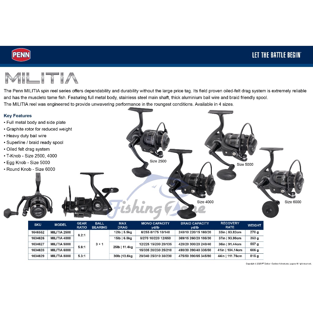 PENN MILITIA Spinning Reel 2500 / 4000 / 5000 / 6000 / 8000 – Full Metal Body, Braid Ready, Drag Kua