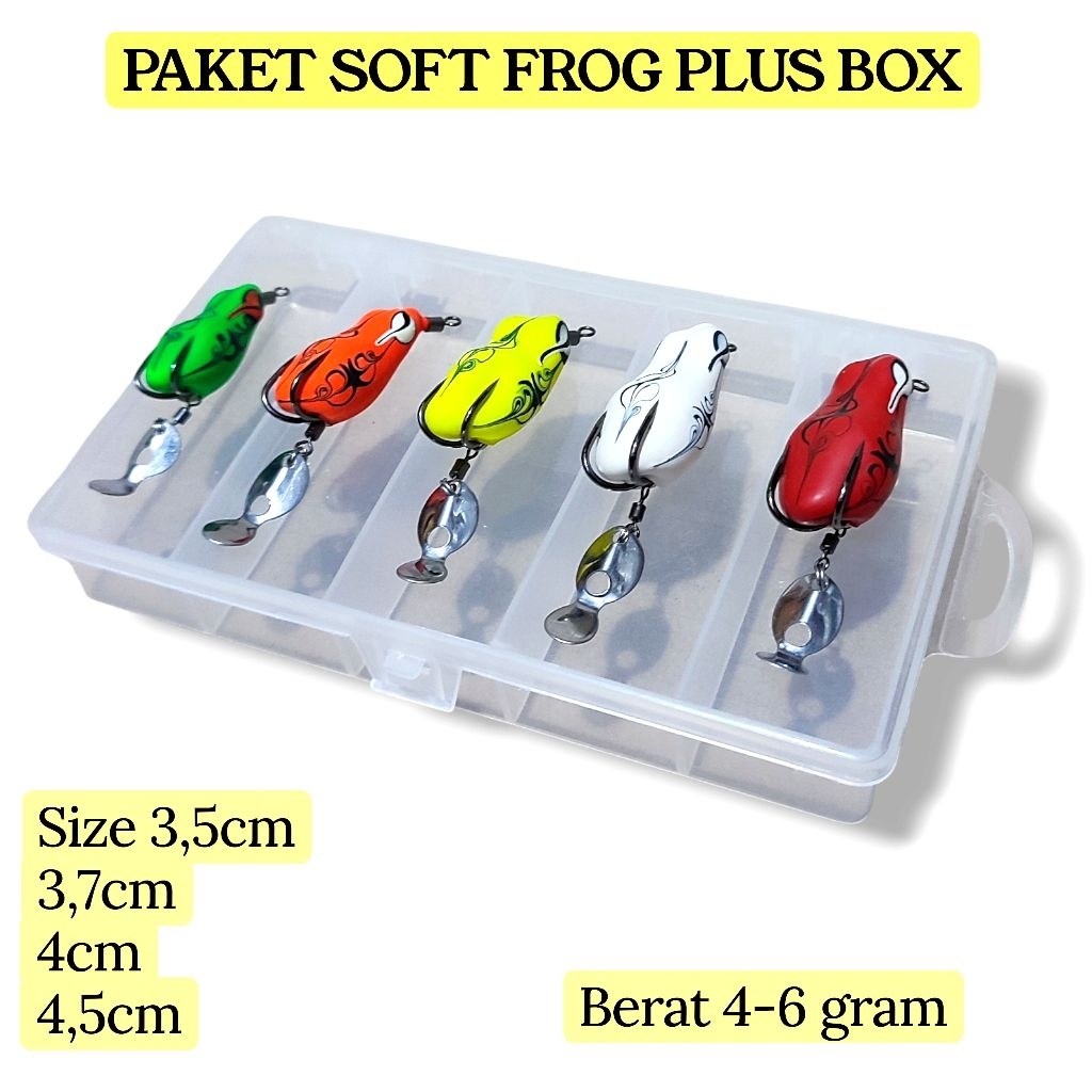PAKET 5PCS SOFT FROG PLUS BOX 5 SKAT. paket lure casting gabus. paket umpan casting haruan.