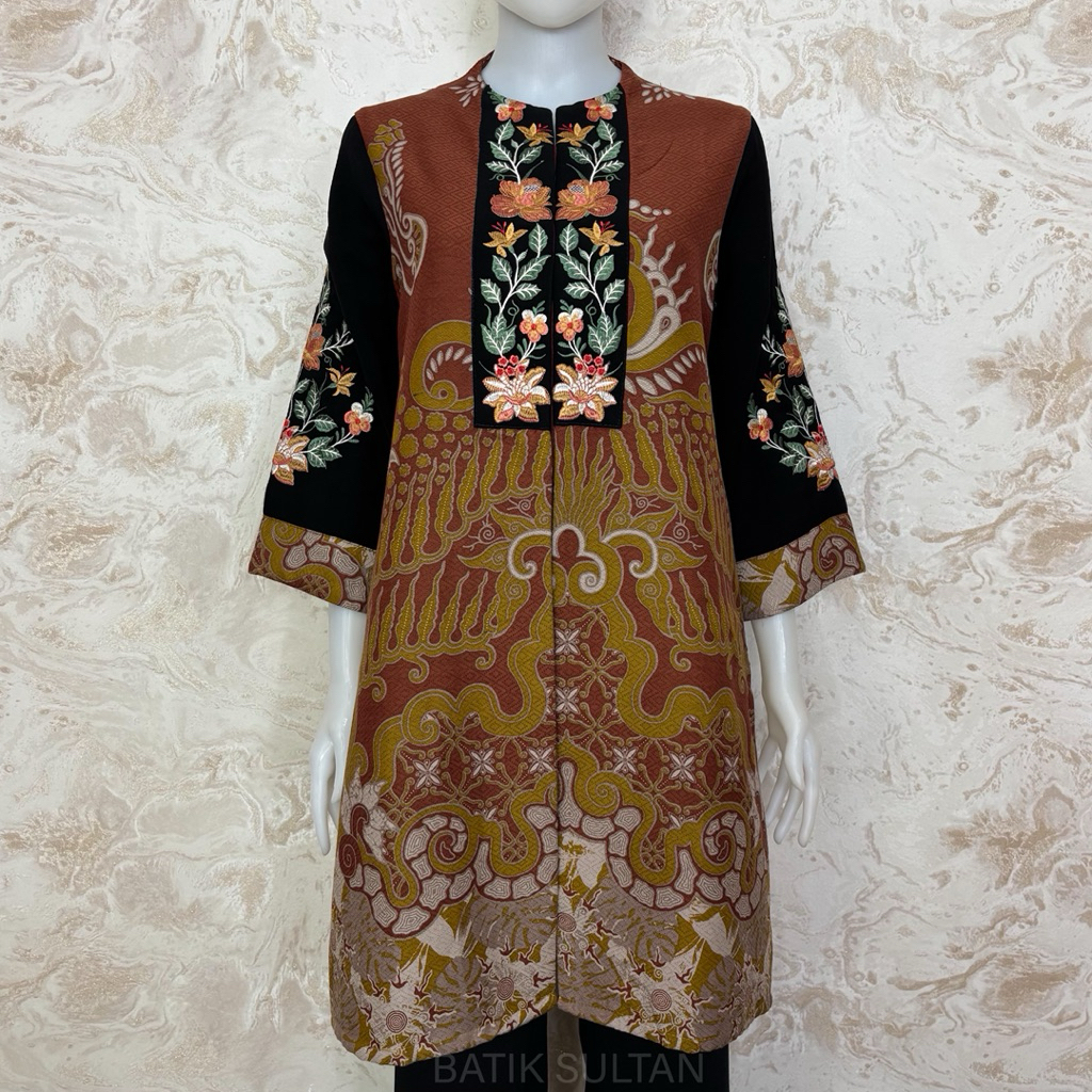 Atasan Tunik Batik Wanita Kain Katun Doby Bordiran Reguler Fit Lapisan Tricot Waffle Mewah Elegan Fo