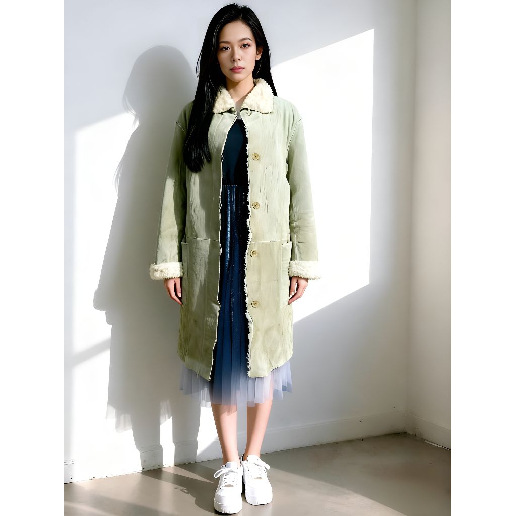 DKNY LUXURY BRAND MANTEL/JACKET/COAT SUPER LONG SUEDE SAGE