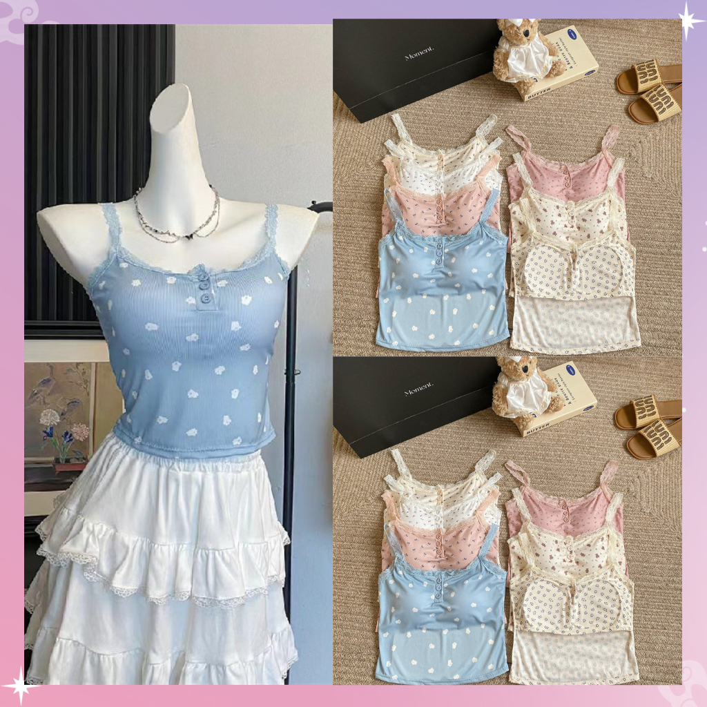 VOS~ BR2213 Tanktop Bra Wanita Katun Poliester Motif Renda Floral Minimalis Korea Hitam Putih Pink B