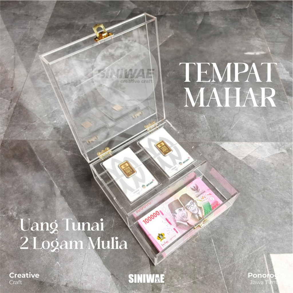 ( Dengan Hiasan ) Tempat Mahar Akrilik 2 LM & Uang Tunai + Hias Box Tempat Antam Logam Mulia Kotak E
