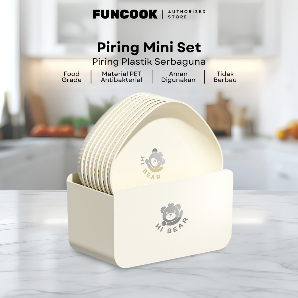 Funcook Authorized Set Piring Makan Motif Bear Aesthetic / Piring Anak / Piring Snack / Piring Plast
