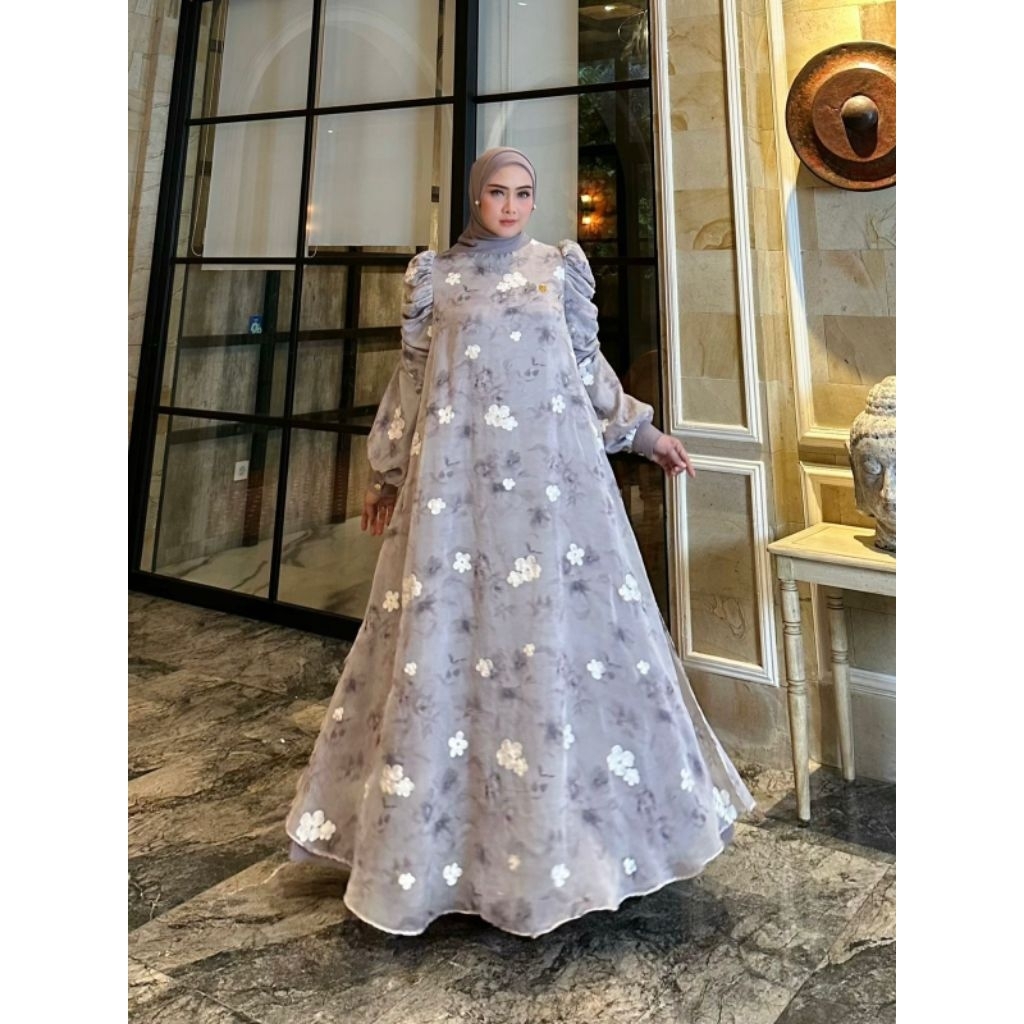 Gamis Rachel set 2in1 by Ninona Original - Gamis dengan Bahan organza print embroide kembang timbul 
