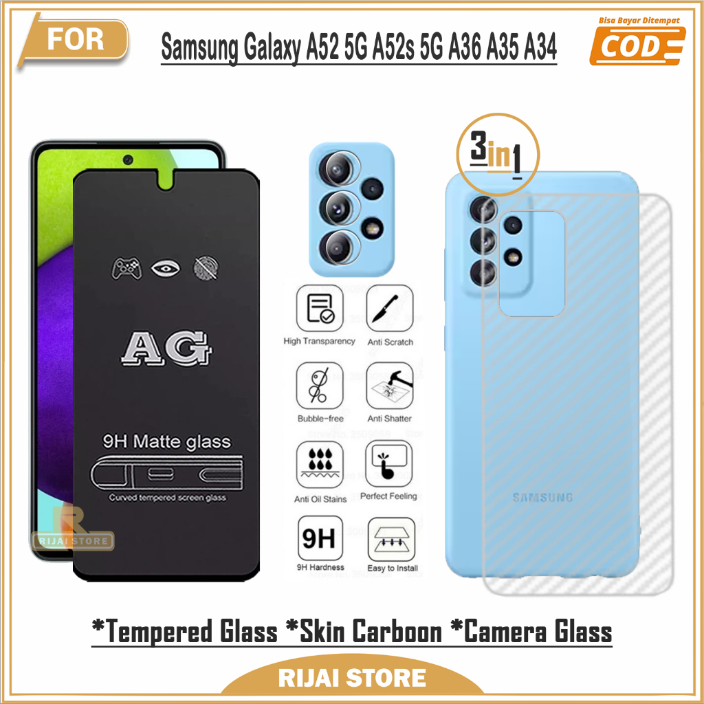Paket Hemat 3in1 Hydrogel Dan Tempered Glass Samsung Galaxy A52 5G A52s 5G A36 A35 A34 Pelindung Cam