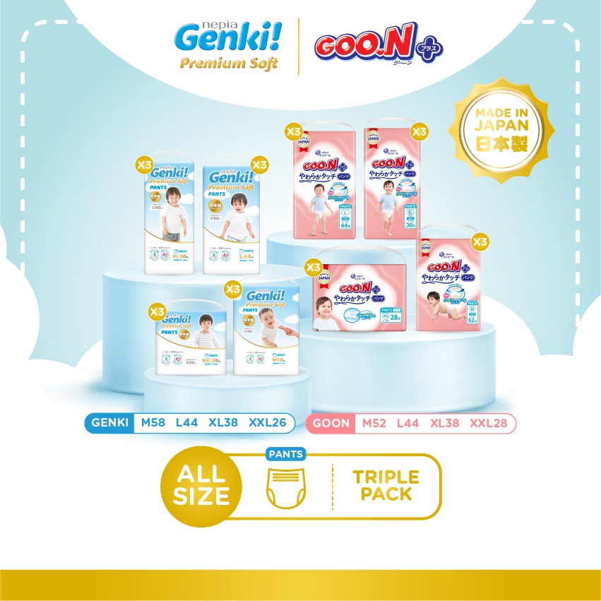[Triple Pack] NEPIA GENKI Popok Bayi Pants Popok Celana Bayi Diapers Premium Soft M32 / L30 / XL26 /