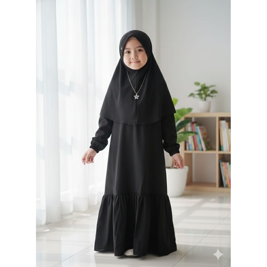 Nusaibah - Gamis hitam putih fitri - gamis anak set hijab